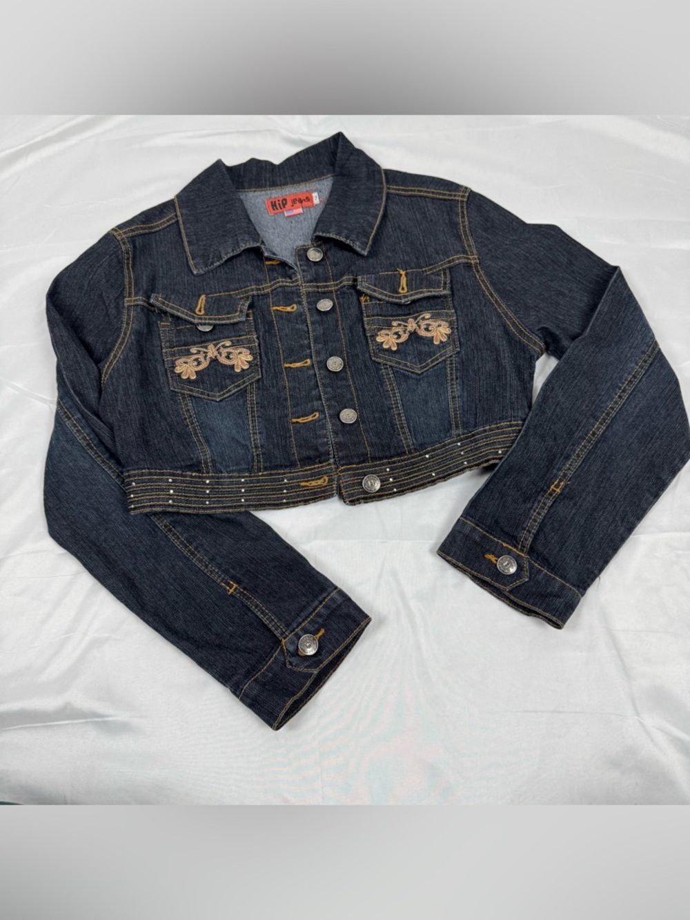 Y2K Cropped Denim Jacket Studded Embroidered Dark Wash Fitted Size 7 (S/XS)